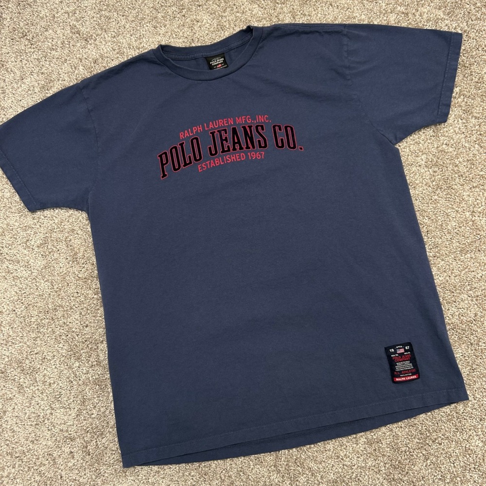 Vintage Polo‎ Jeans Co Ralph Lauren Tshirt Men Size Medium y2k Blue Spellout